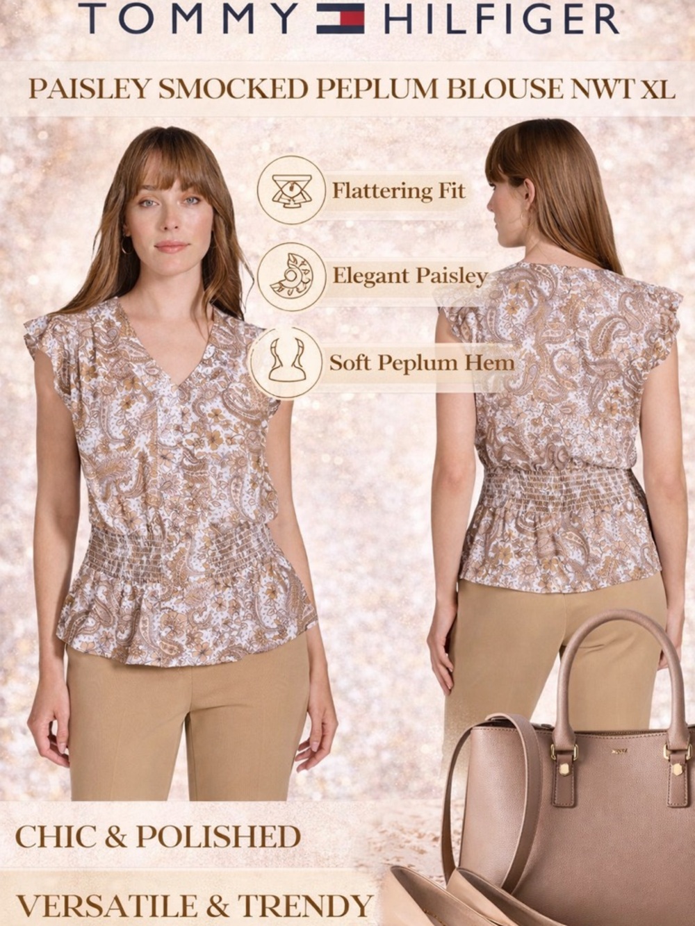 Tommy Hilfiger Paisley Smocked Peplum Blouse NWT XL Office Vacation